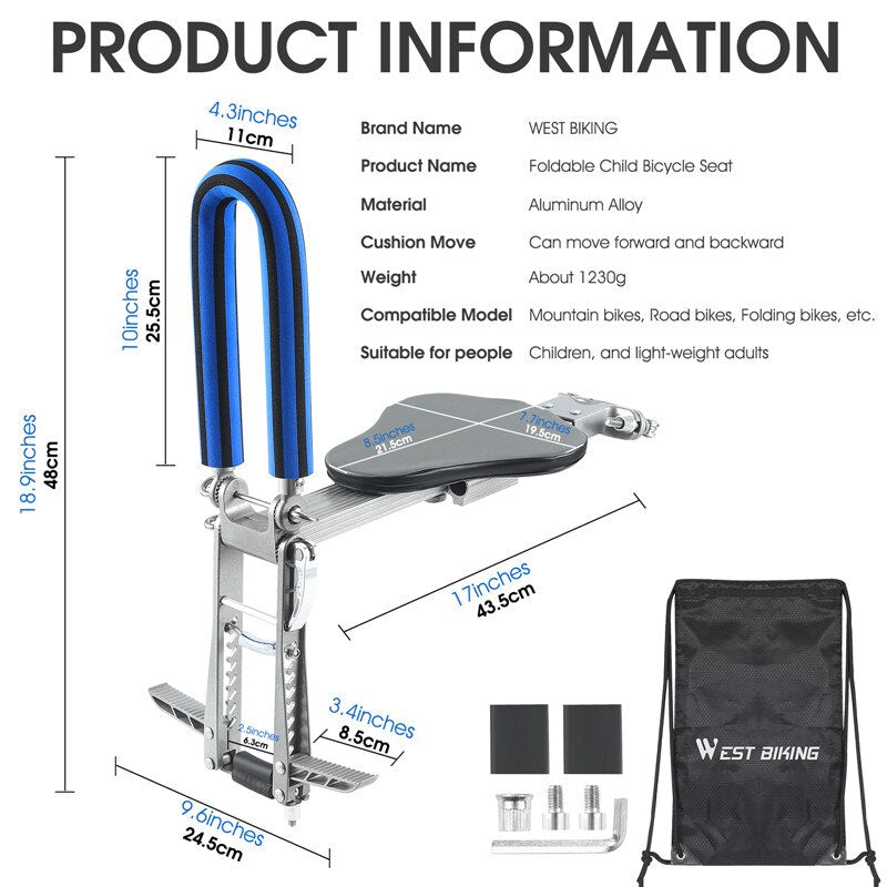 Siège de vélo pour enfants avec repose-pieds réglable, pliable et il peut être mis dans son sac de rangement , sécurisé, montage rapide. - Mabelle Magasin