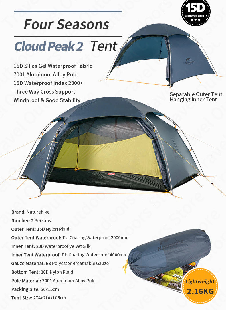 Naturehike 2022 nouveau Cloud Peak 15D Camping tente 1-2 personnes ultra-léger 4 saisons tente étanche Camping escalade tente extérieure - Mabelle Magasin