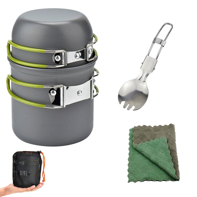Kit vaisselle de camping, ensemble pour la cuisine facile, cuillère pliable, fourchette, couteau, bouilloire, tasse, pour 1-2 personnes - Mabelle Magasin