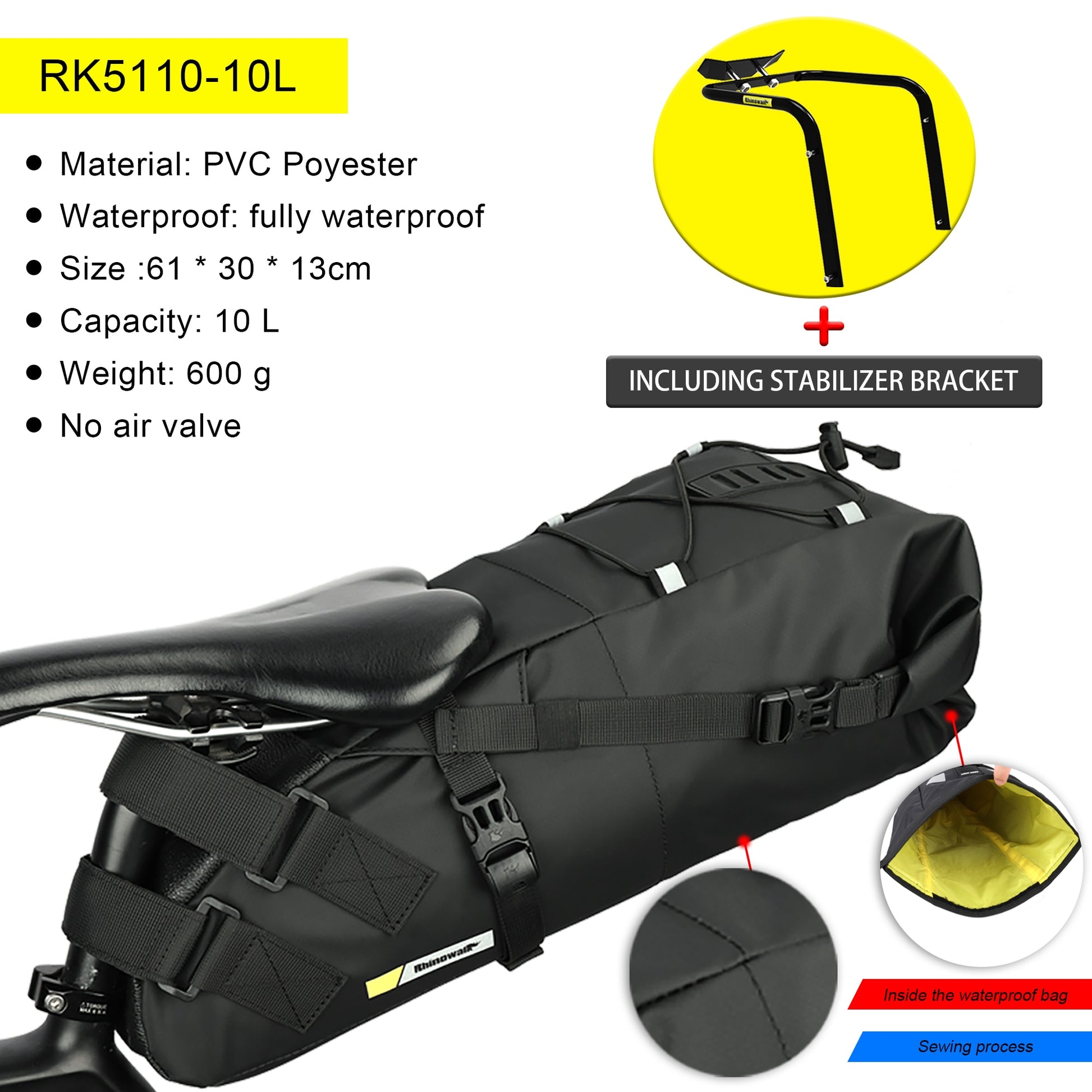Sac pour vélo étanche et support de fixation 10L ou 13L (en fonction des variants) et stabilisateur support de montage à l' arrière sac de vélo - Mabelle Magasin