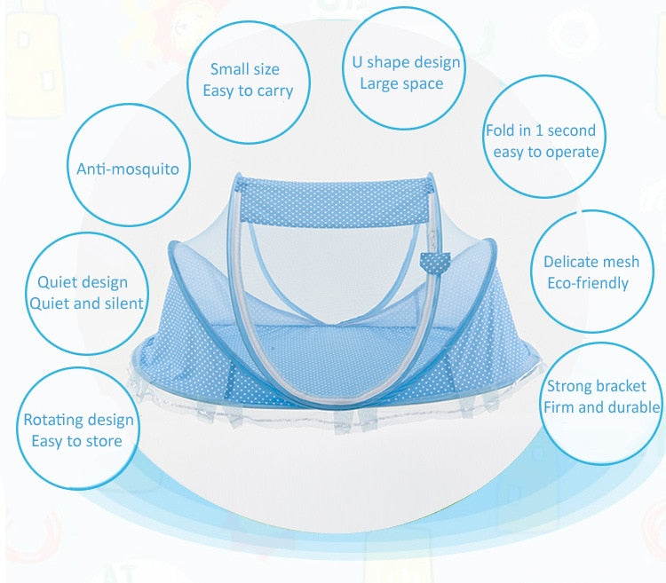 Destock Lit bébé avec moustiquaire pliante lit, matelas et oreiller (trois pièces) pour les enfants de 0 à 3 ans - Mabelle Magasin