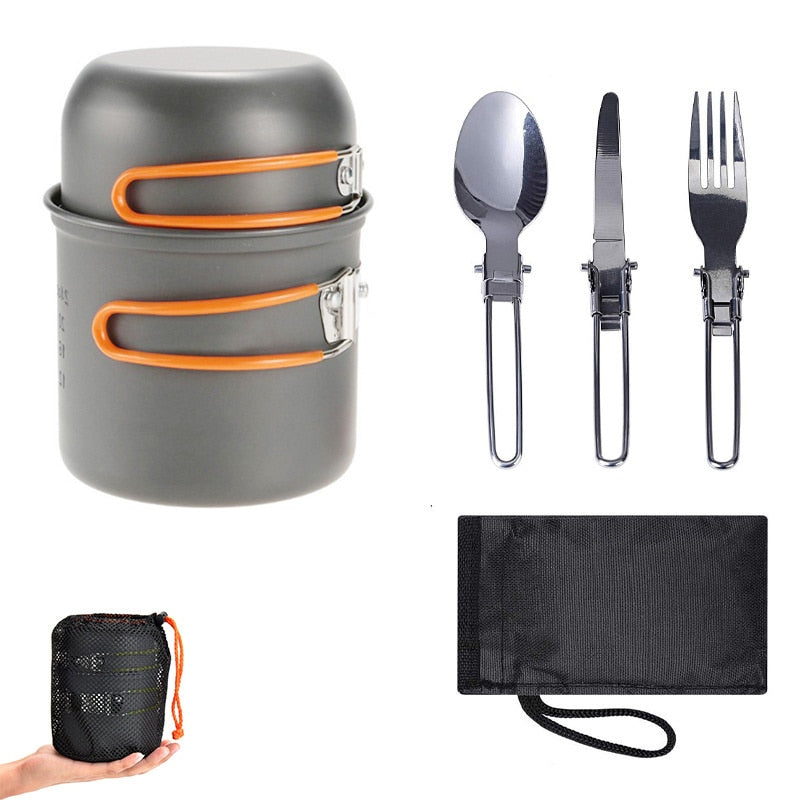Kit vaisselle de camping, ensemble pour la cuisine facile, cuillère pliable, fourchette, couteau, bouilloire, tasse, pour 1-2 personnes - Mabelle Magasin