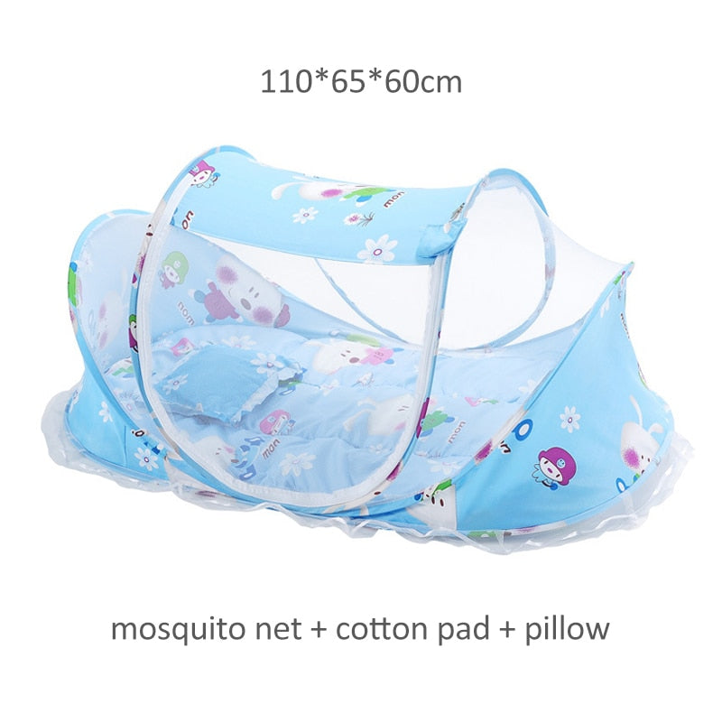 Lit bébé avec motifs et moustiquaire pliante lit, matelas et oreiller (trois pièces) pour les enfants de 0 à 3 ans - Mabelle Magasin