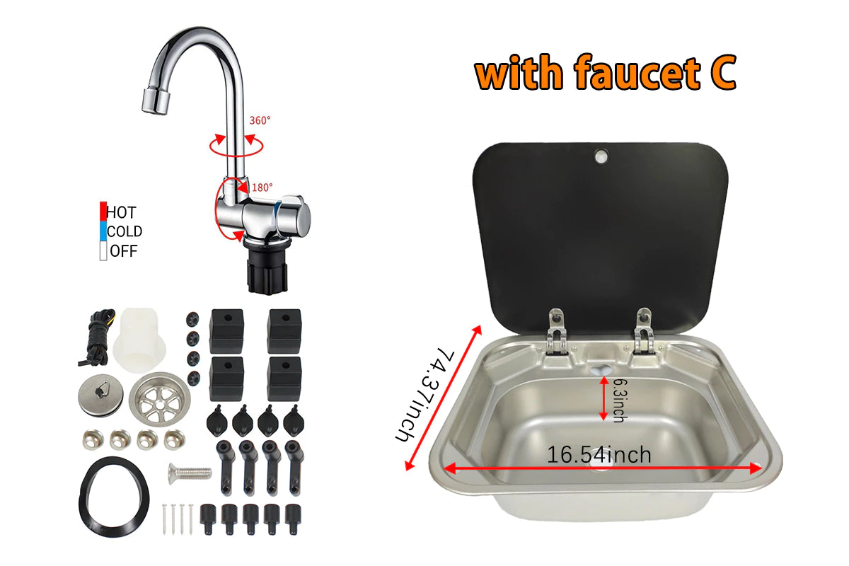 Évier pour camping car, van aménagé, fourgon. Haute qualité, couvercle en verre trempé, - Mabelle Magasin